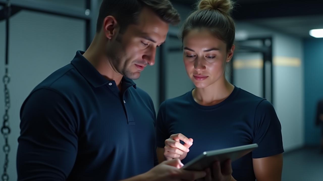 Coach hablando con un atleta concentrado, revisando datos en una tablet de rendimiento.