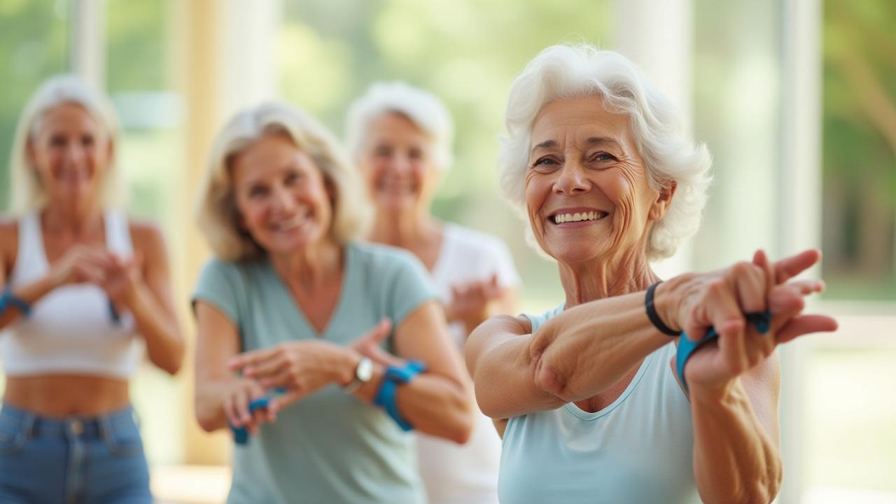 Grupo de adultos mayores sonrientes realizando ejercicios suaves al aire libre con un instructor.