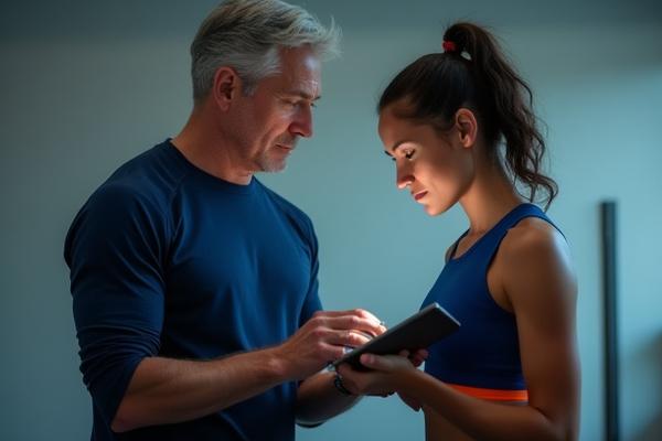 Entrenador personal brindando instrucciones a un atleta frente a una pantalla con datos de rendimiento.