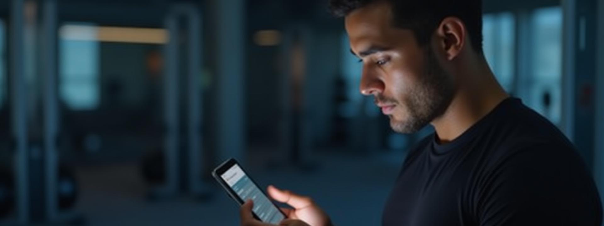 Persona activa consultando un plan de entrenamiento digital en una tablet, con pesas y equipo deportivo ligeramente desenfocados en el fondo.